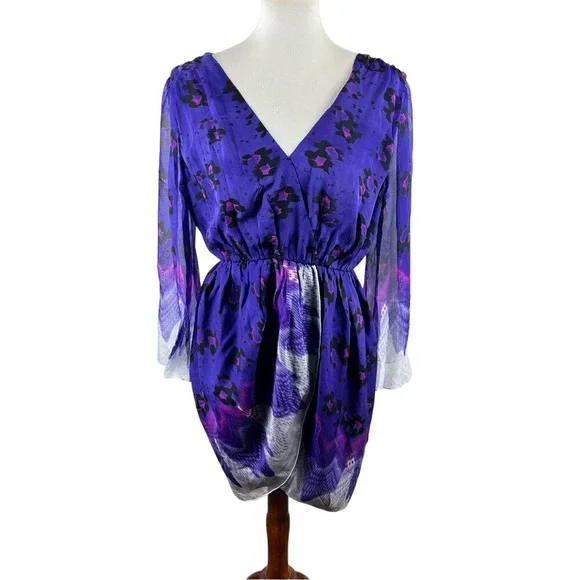 Aryn K Purple Silk Dress Size M 100% Silk Print V-Neck Elastic Waist Fairycore - Picture 2 of 11